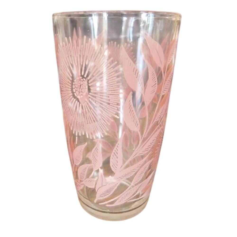 Vintage Jeanette Glass set (6) Cosmos Pink Floral Flat Tumblers 8 fl oz glasses
